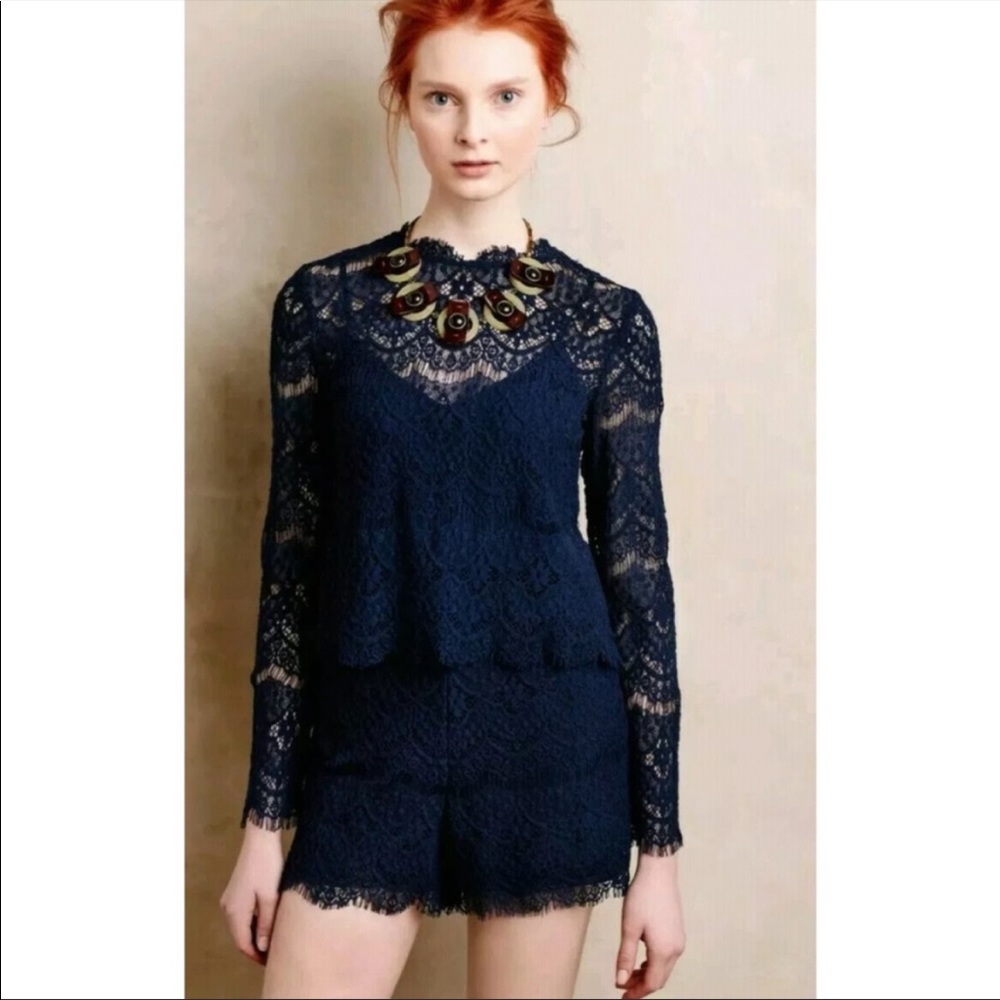 Saylor Navy Lace Romper Anthropologie